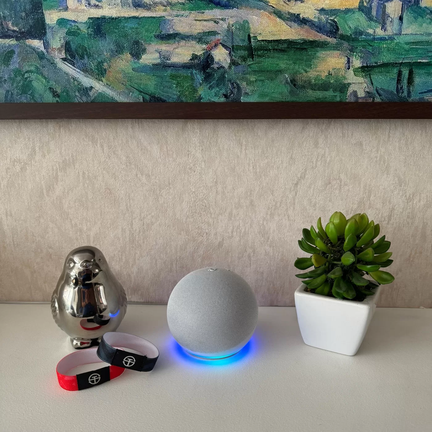 Imagen de un dispositivo Alexa junto con unas pulseras Tapspiration